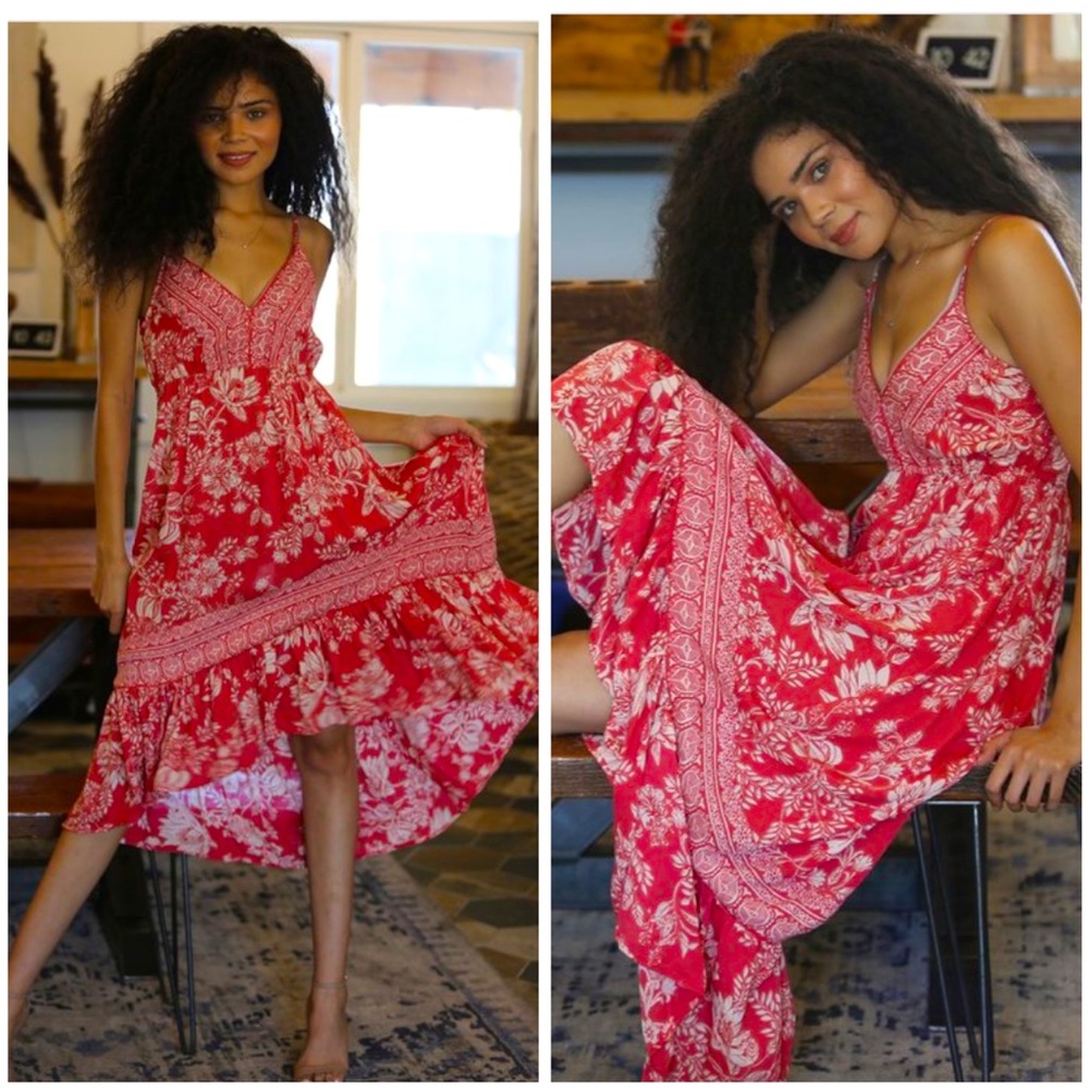 Red Floral High Low Boho Maxi Dress